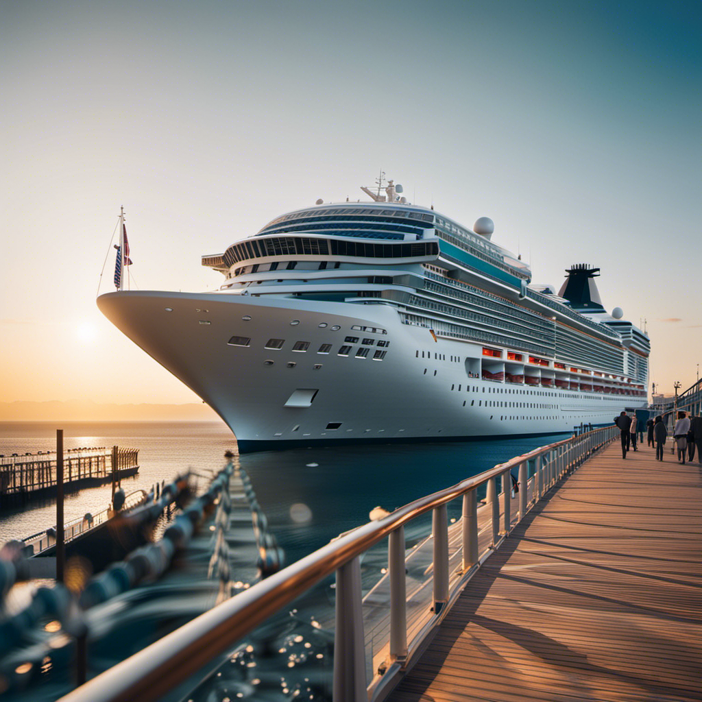 An image showcasing a serene ocean backdrop with a majestic cruise ship docked at a bustling port