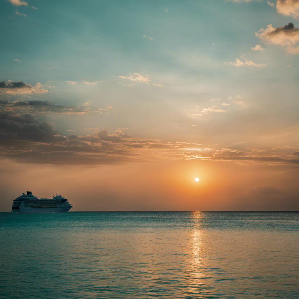 An image evoking a serene seascape with a dazzling sunset backdrop, showcasing a cruise ship gliding through crystal-clear turquoise waters, highlighting the urgency of booking early for an optimal experience