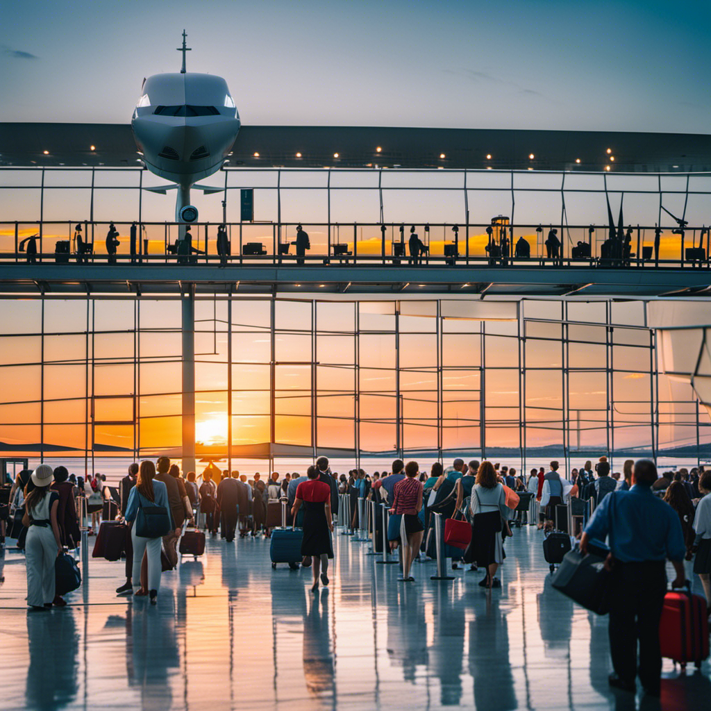 An image capturing the anticipation of a bustling cruise terminal at sunrise, with passengers in vibrant attire eagerly lining up, suitcases in tow