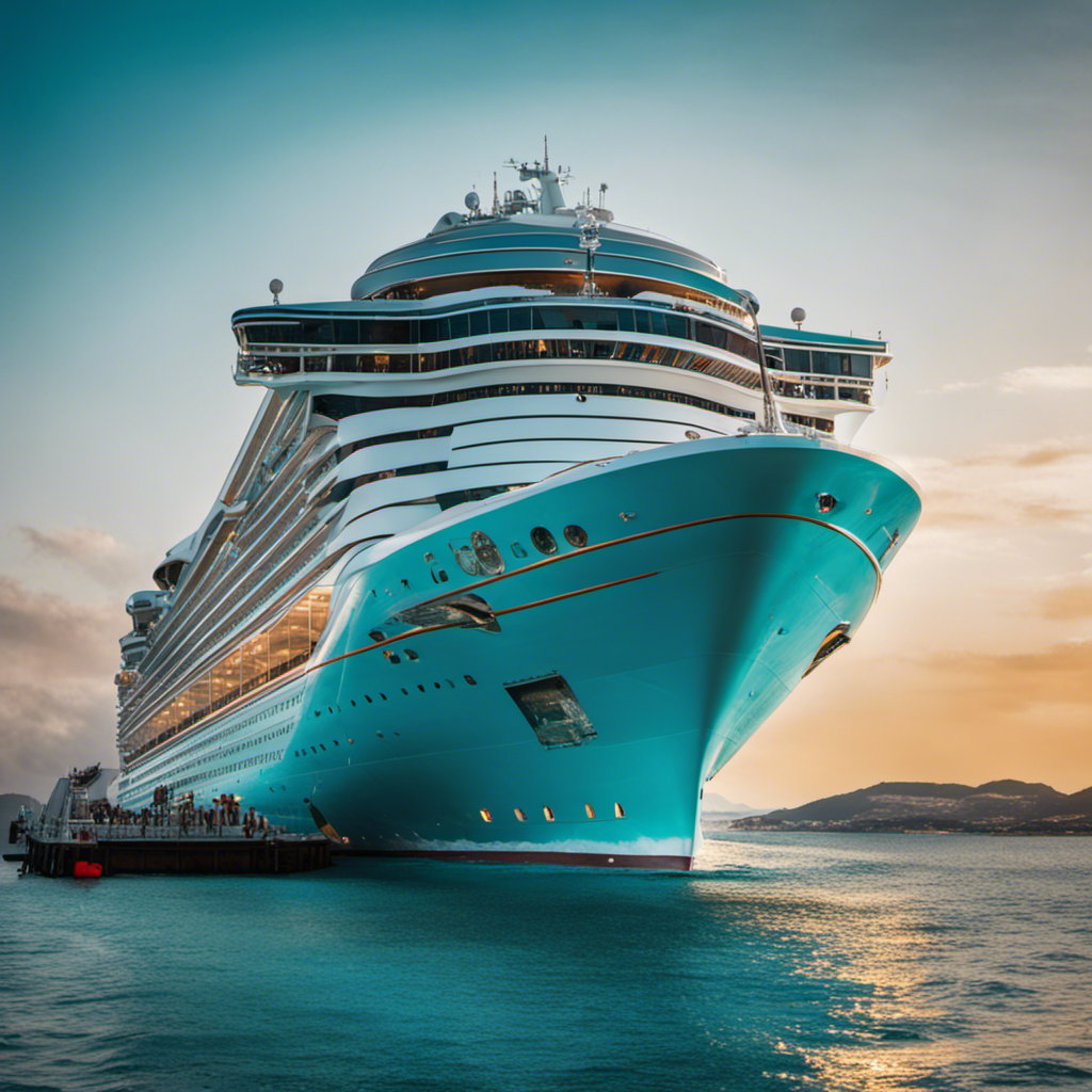 the essence of an extravagant cruise experience with a visually stunning image showcasing a luxurious ocean liner, adorned with shimmering lights, surrounded by turquoise waters, and dotted with elegant sunbeds on a spacious deck