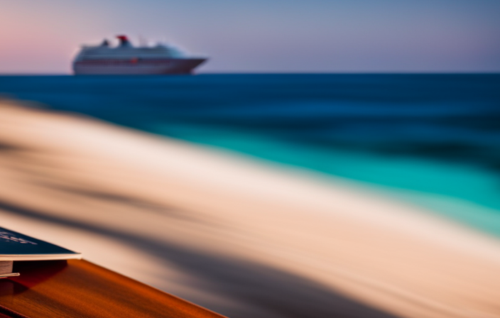 An image showcasing a serene ocean view at sunset, with a cruise ship on the horizon