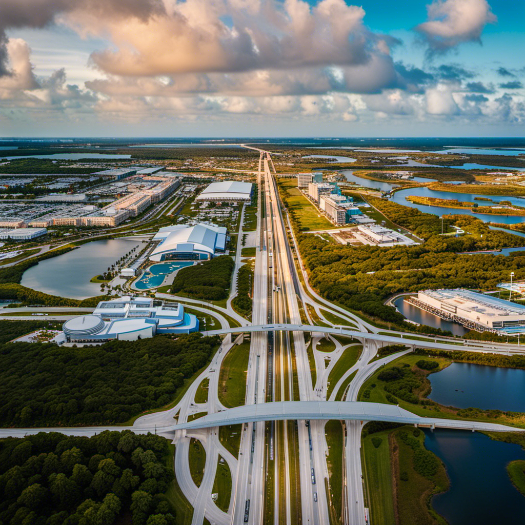 An image showcasing the aerial view of the scenic drive from MCO Airport to Port Canaveral Cruise Terminal, capturing the distance and landmarks such as the Kennedy Space Center, vibrant beaches, and lush coastal landscapes