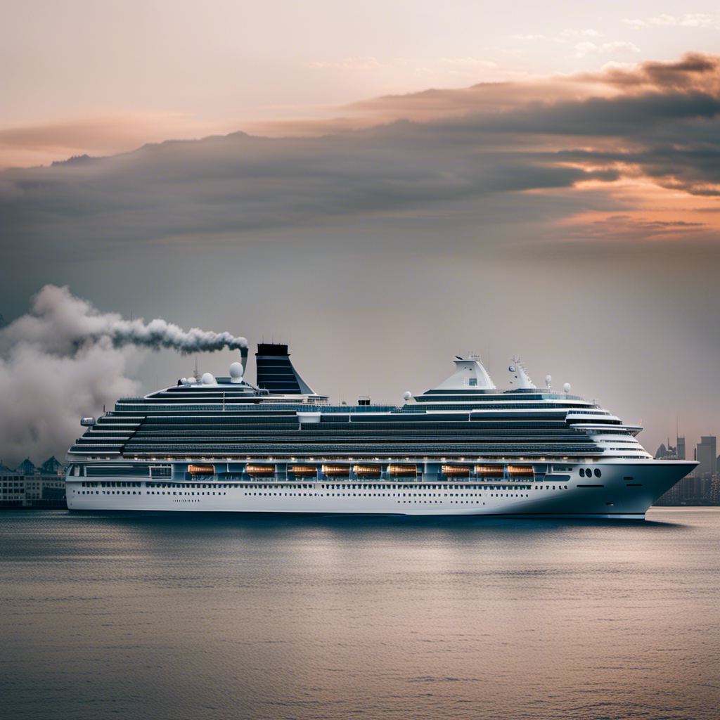 An image showcasing a colossal cruise ship towering over a seaside city, emphasizing its immense scale through towering smokestacks, multiple decks filled with countless windows, and a vast hull that dwarfs nearby buildings