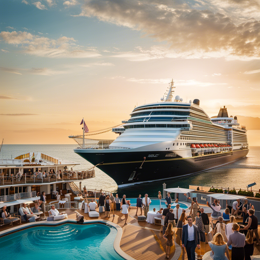 An image showcasing Holland America Cruise Line's rating by combining five gold stars against a backdrop of an elegant cruise ship, surrounded by happy passengers engaged in various activities like sunbathing, dining, and enjoying live entertainment