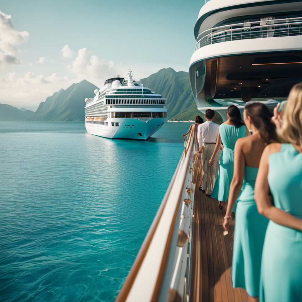 An image showcasing a luxurious cruise ship sailing through crystal-clear turquoise waters, with elegantly dressed passengers enjoying the onboard amenities and breathtaking views of pristine beaches and majestic mountains in the backdrop