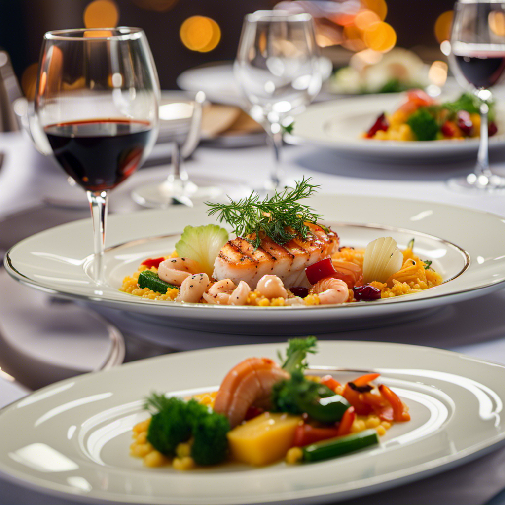 E a close-up of a beautifully plated dish on a Norwegian Cruise Line, showcasing a delectable array of fresh seafood, vibrant vegetables, and exquisite culinary craftsmanship, inviting readers to savor the flavors of this exceptional dining experience