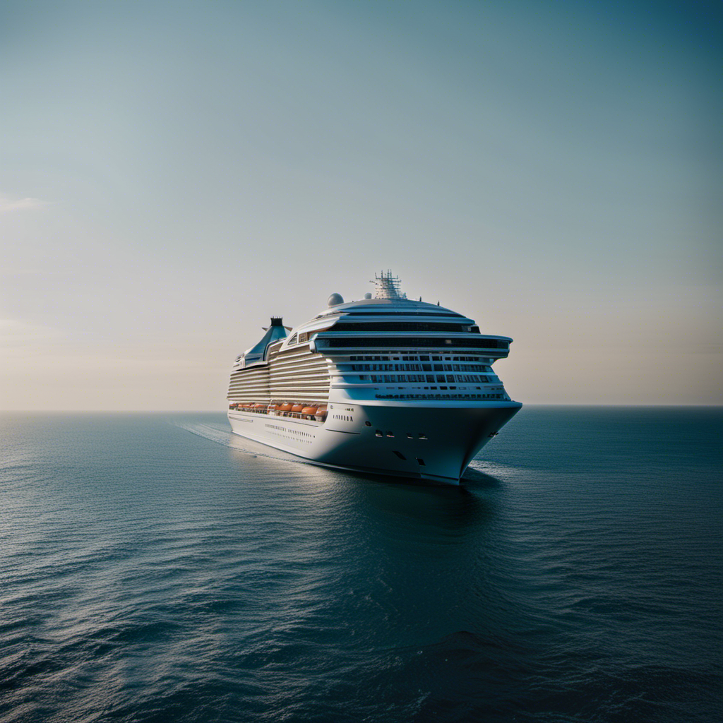 An image showcasing the vast expanse of a serene ocean, with a colossal cruise ship majestically sailing towards the horizon