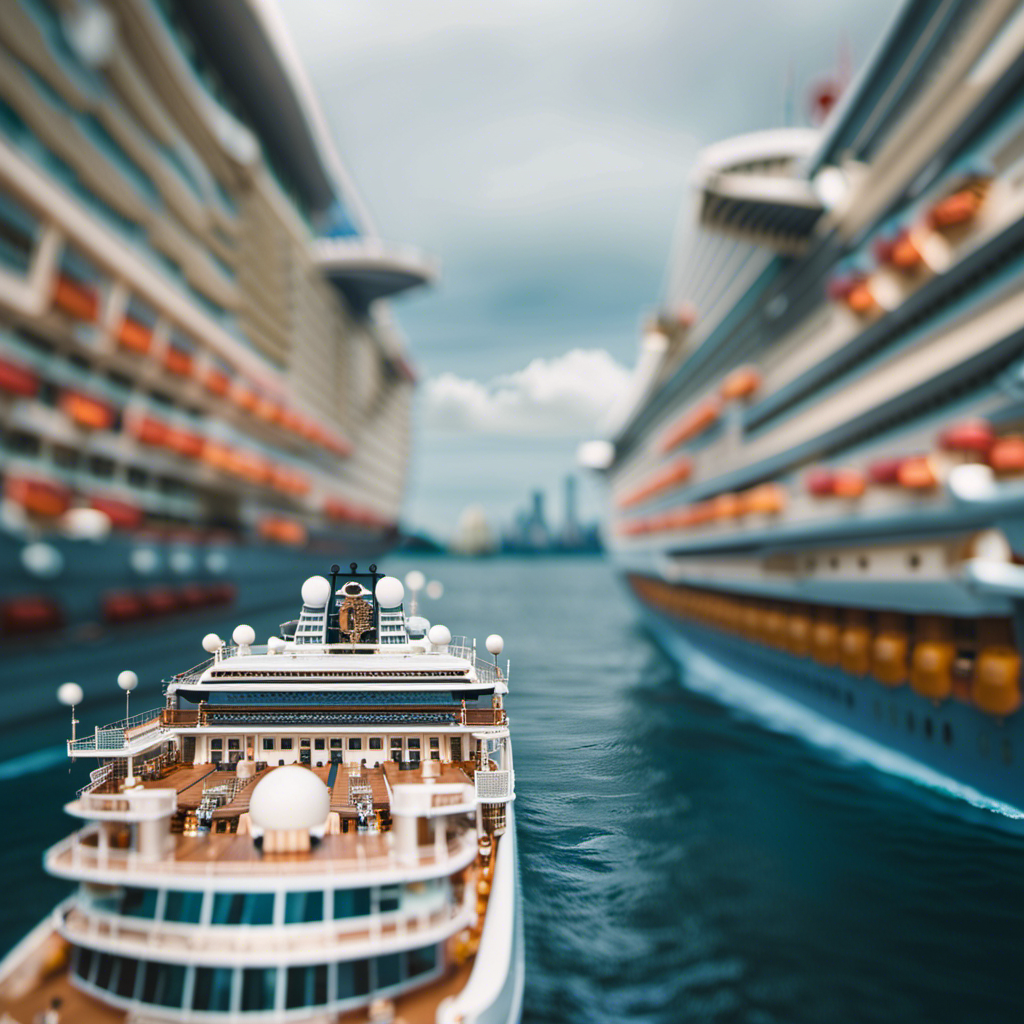 An image showcasing the colossal scale of cruise ships, capturing their immense length as they stretch across the horizon, dwarfing nearby buildings and leaving a trail of shimmering waves in their wake