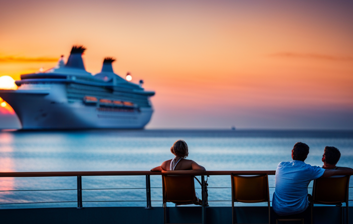 An image capturing the wistful ambiance of the last day aboard a cruise ship: vibrant sunset hues reflecting on the tranquil ocean, passengers savoring final moments on deck, while crew members bid farewell with genuine smiles