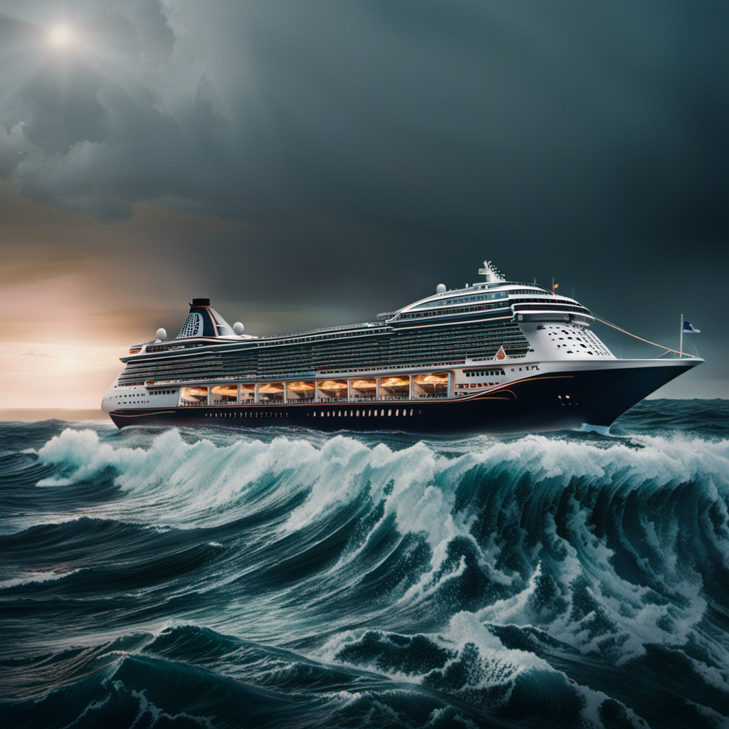An image showcasing a colossal cruise ship, engulfed in dark, tumultuous waves, its bow submerged, stern towering high above, as rescue boats frantically navigate towards it, striving against the raging sea