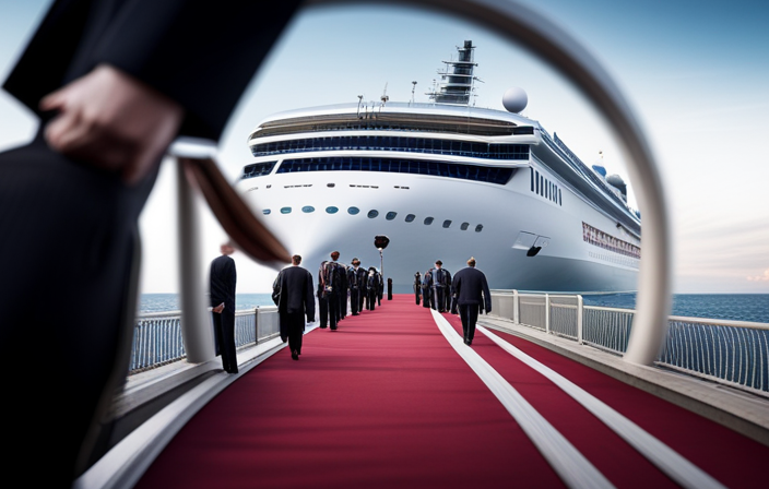 An image capturing the bustling chaos of passengers unloading from a line of taxis, dragging suitcases behind them, while uniformed crew members assist with check-in under a grand entrance arch of a magnificent cruise ship