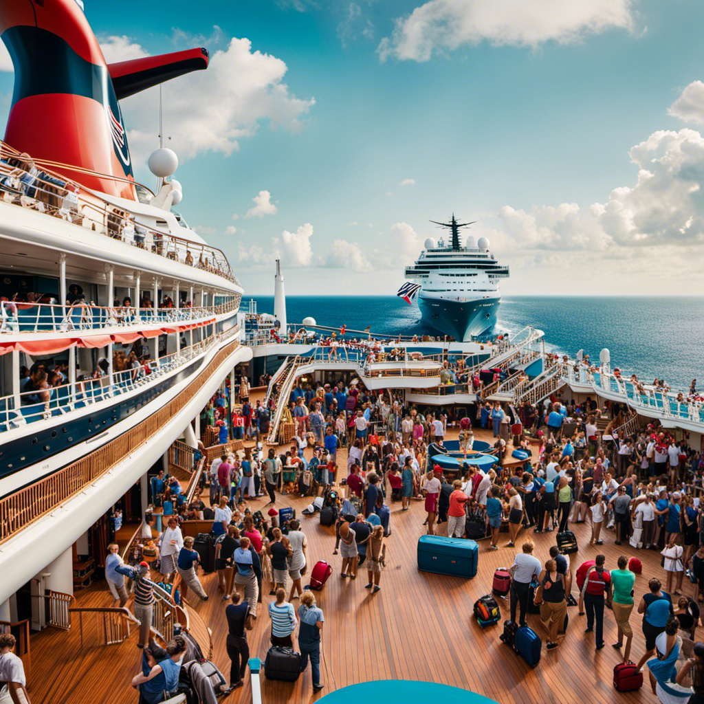An image capturing the bustling scene on a Carnival Cruise ship's deck, as excited passengers gradually disembark, animatedly chatting, wheeling luggage, and waving goodbye to the majestic vessel against a backdrop of azure waves