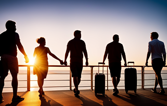 An image capturing the disembarkation process at the end of a cruise: passengers carrying suitcases, lined up along a vast deck, beneath a vibrant sunrise sky, eagerly awaiting their turn to step onto the gangway, surrounded by crew members and their warm farewells