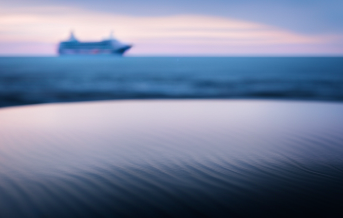 An image capturing a serene seascape at dusk, where a majestic cruise ship fades into the distance, leaving gentle ripples on the water's surface
