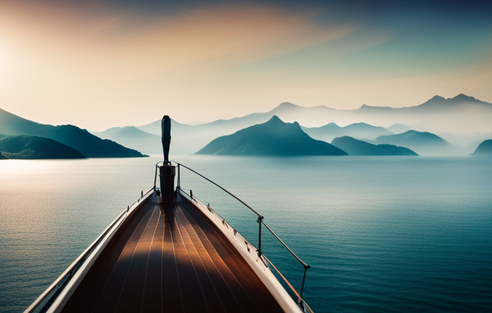 An image showcasing a vast ocean horizon, a luxurious cruise ship majestically sailing through calm turquoise waters, surrounded by picturesque islands and distant mountains, evoking the serene and boundless journey of a cruise