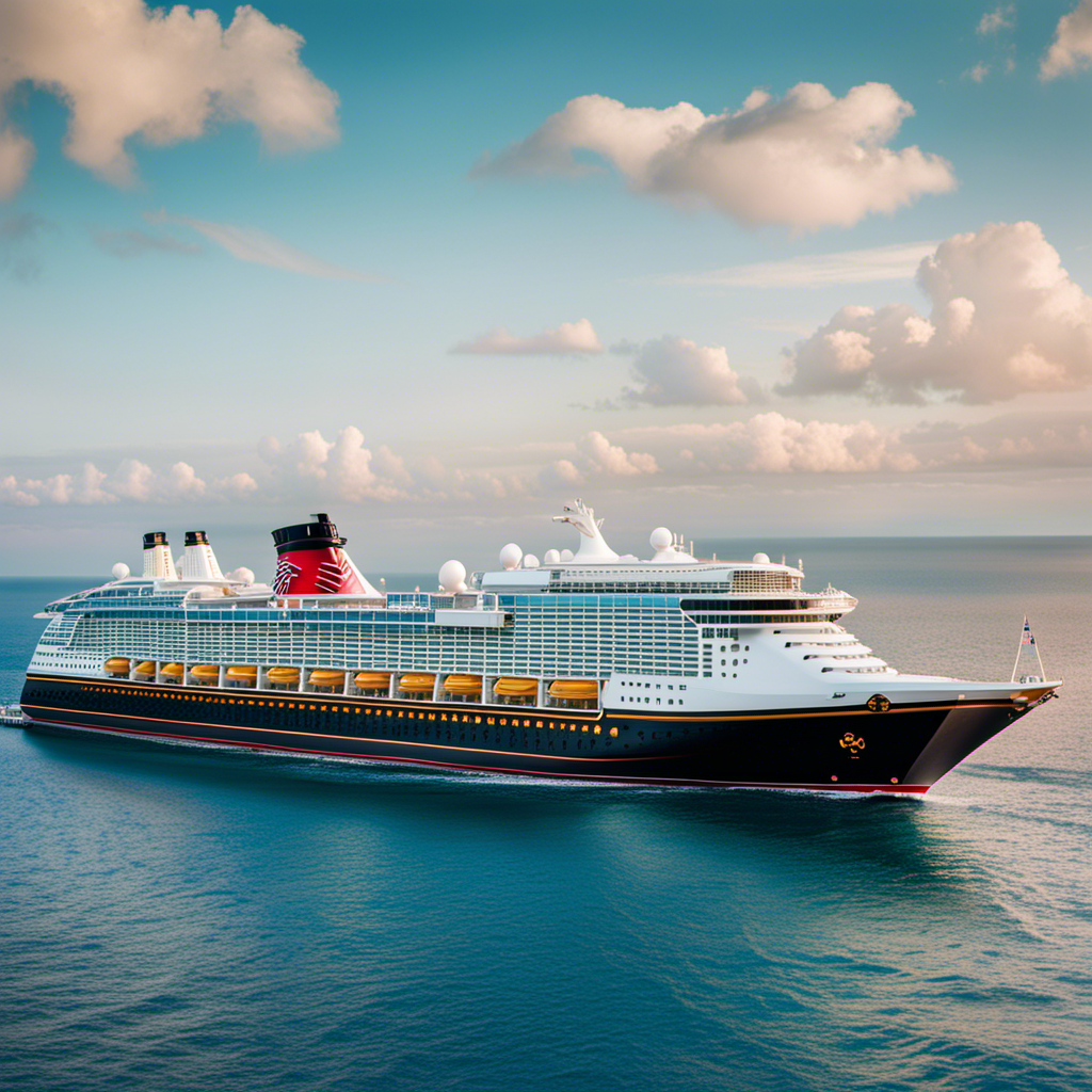 An image showcasing the majestic length of a Disney Cruise Ship, capturing its colossal presence against a backdrop of azure waters, revealing its towering decks, vibrant colors, and iconic mouse-shaped features