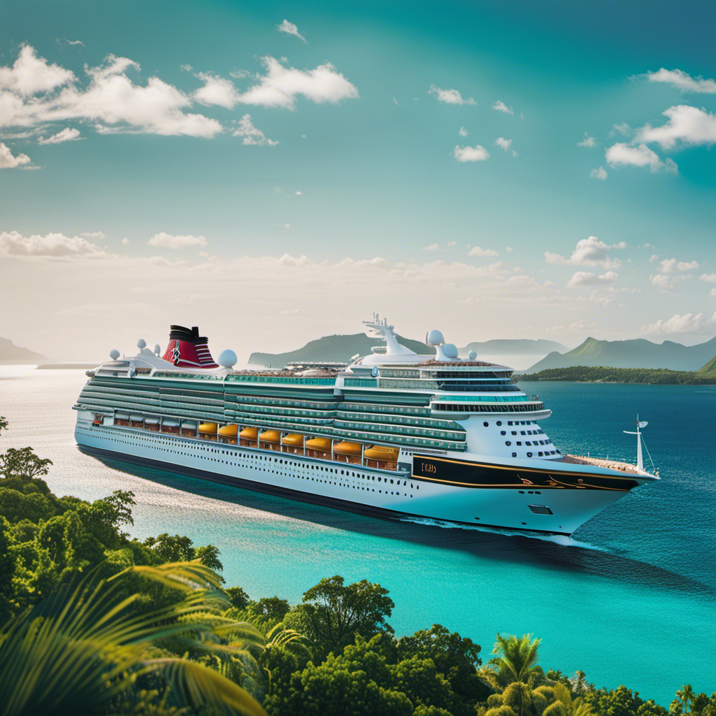 An image showcasing a majestic Disney cruise ship, elegantly sailing across a crystal-clear turquoise sea, surrounded by vibrant tropical islands, evoking a sense of wonder and anticipation for the boundless adventures awaiting guests on their magical journey