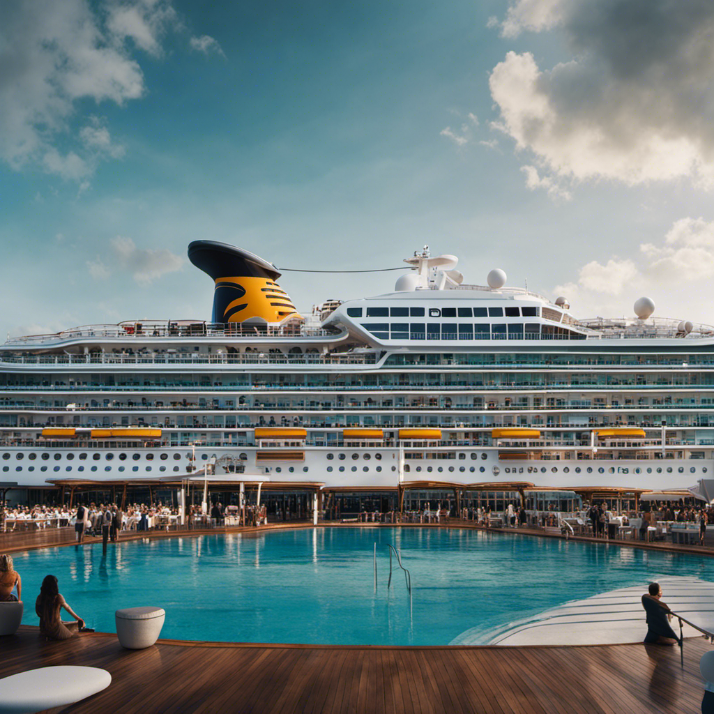 An image capturing the colossal scale of a cruise ship, showcasing its immense length stretching across the horizon, its towering decks adorned with countless windows, and a tiny figure standing on the deck, highlighting the ship's grandeur