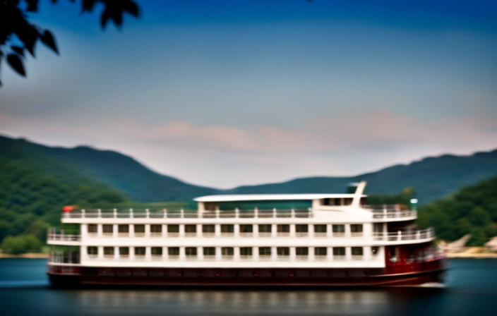 An image of the majestic Branson Belle Dinner Cruise, showcasing its grandeur as the paddlewheel boat gracefully glides along the sparkling waters of Table Rock Lake, enveloped by lush greenery and breathtaking Ozark Mountains