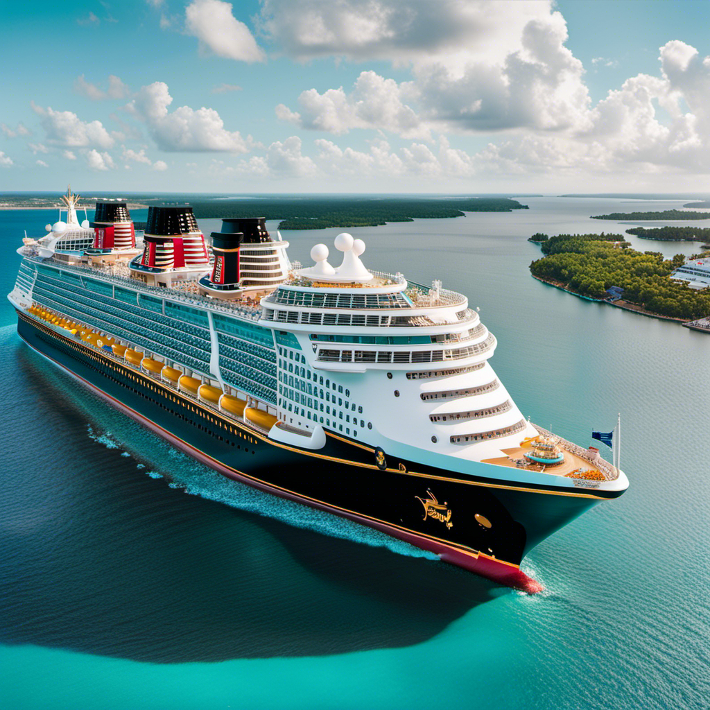 An image showcasing the colossal size of the Disney Fantasy Cruise Ship, with its majestic white hull towering over the turquoise ocean, adorned with vibrant characters, and crowned by multiple decks filled with thrilling activities and luxurious amenities