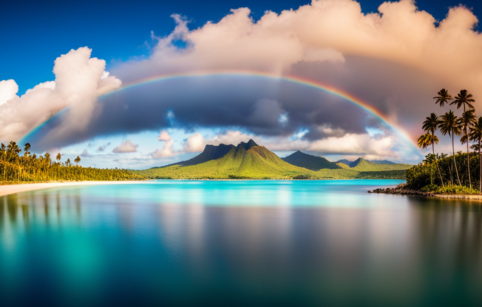 An image depicting a luxurious cruise ship sailing through crystal-clear turquoise waters towards the lush volcanic landscapes of Hawaii, with vibrant rainbows dancing overhead, showcasing the allure of an unforgettable journey