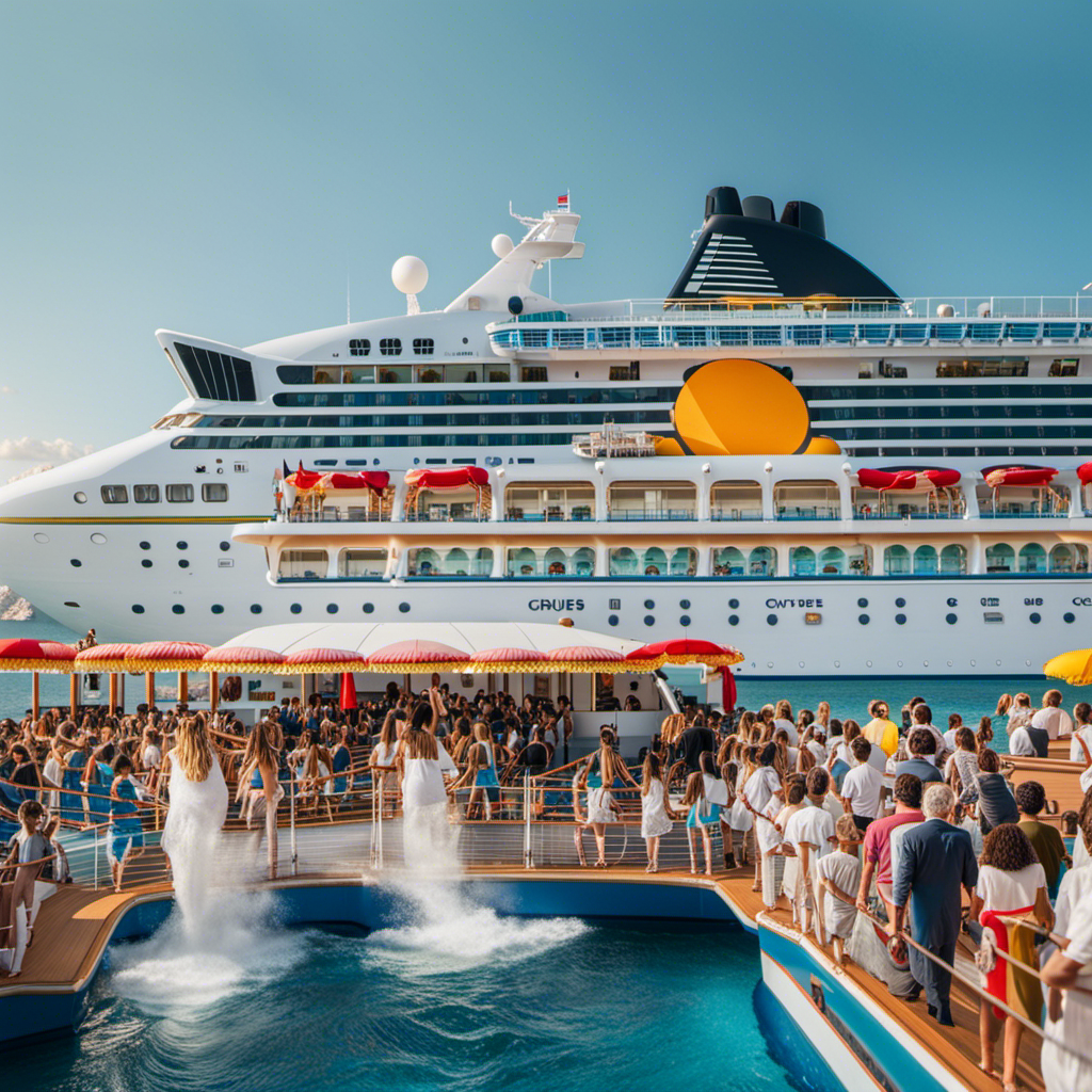 An image featuring a serene cruise ship setting with a diverse crowd of passengers, all wearing masks