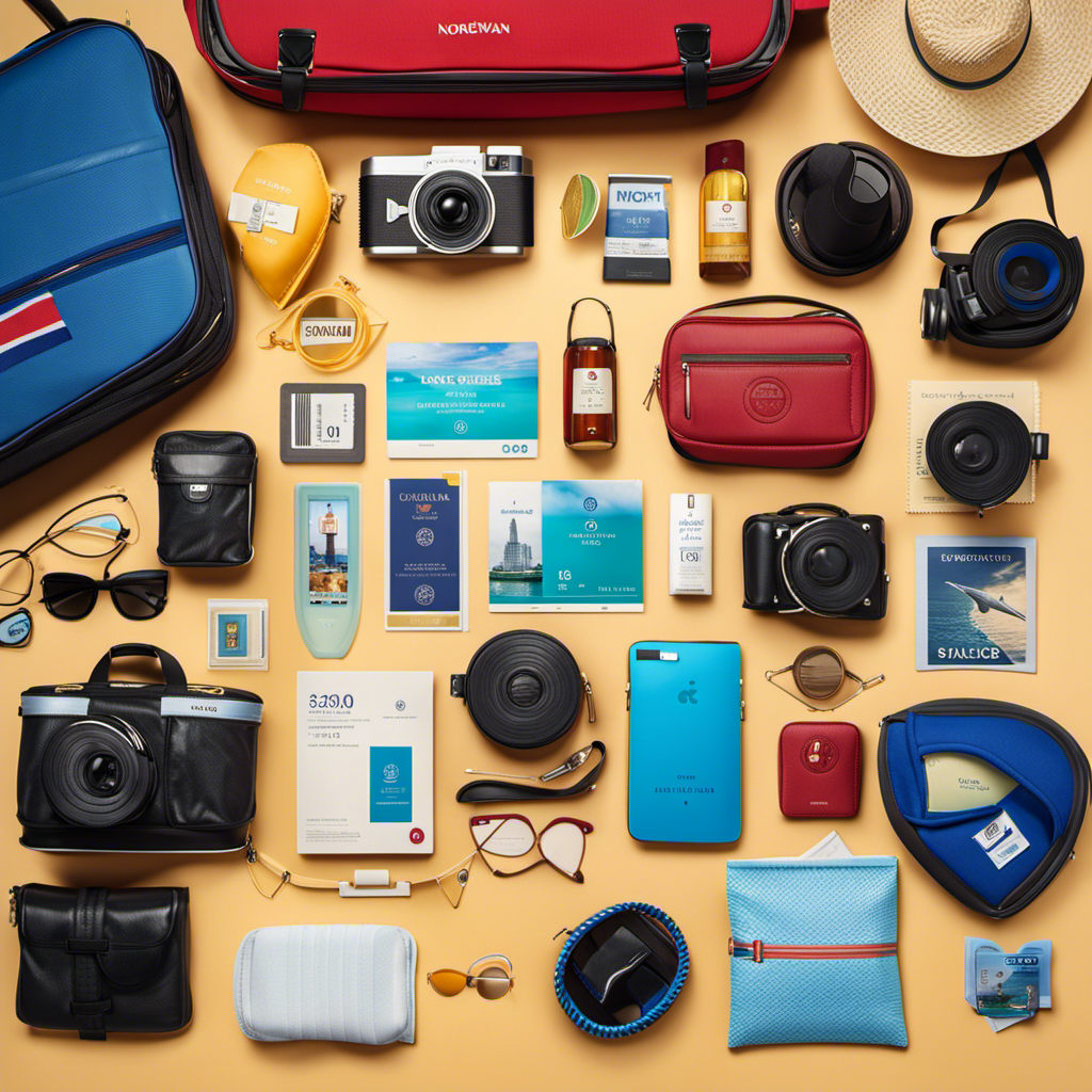 An image showcasing a colorful collage of essential cruise items, such as swimwear, sunscreen, cameras, and passports, neatly packed into suitcases