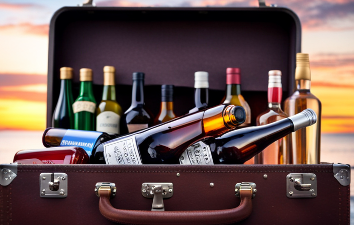 An image that showcases a traveler's open suitcase filled with neatly arranged, colorful bottles of various shapes and sizes, each bearing vibrant labels representing different types of alcohol, evoking curiosity about the maximum number of bottles one can bring back from a cruise