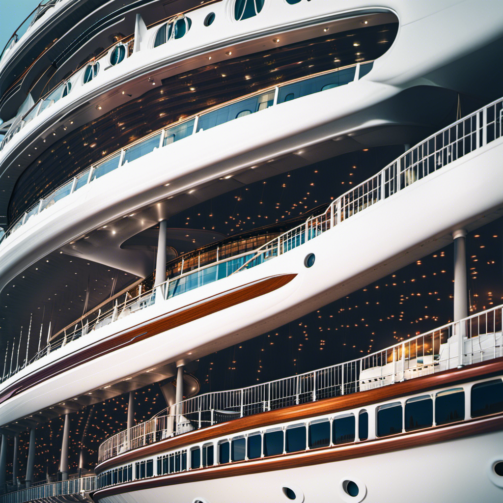 An image showcasing a colossal cruise ship's exterior, adorned with multiple tiers of elegant balconies