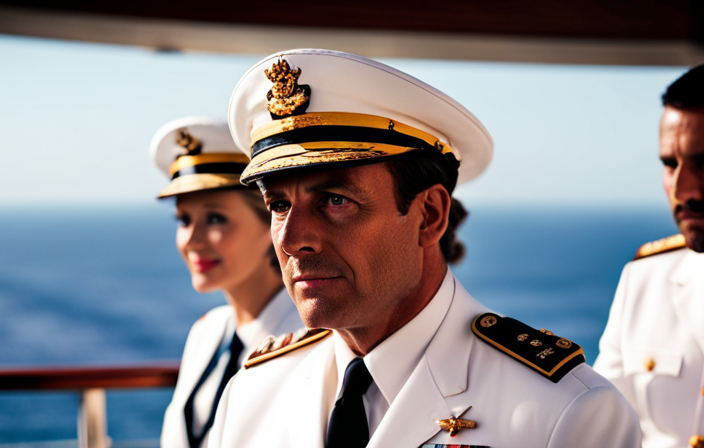 An image capturing the grandeur of a cruise ship's bridge, adorned with multiple elaborately dressed captains, each focused on their duty, orchestrating a seamless journey amidst a backdrop of vast ocean horizons