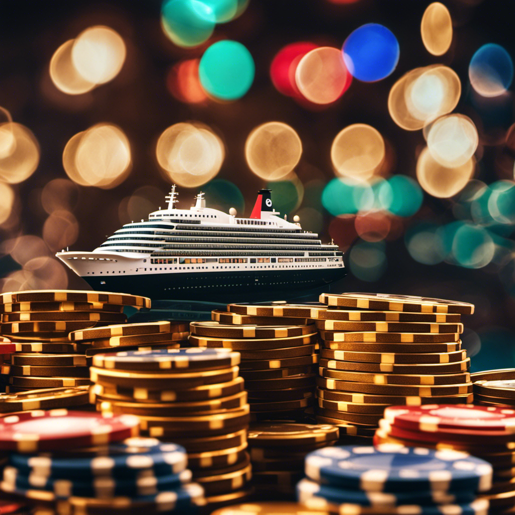 An image showcasing a luxurious cruise ship sailing amidst a sea of gleaming casino chips, each chip glistening with the promise of rewards