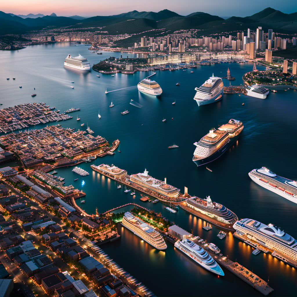 An image showcasing a breathtaking aerial view of a vibrant harbor, dotted with numerous elegant and towering cruise ships, each adorned with distinctive celebrity logos and names, illuminating the water with a mesmerizing glow