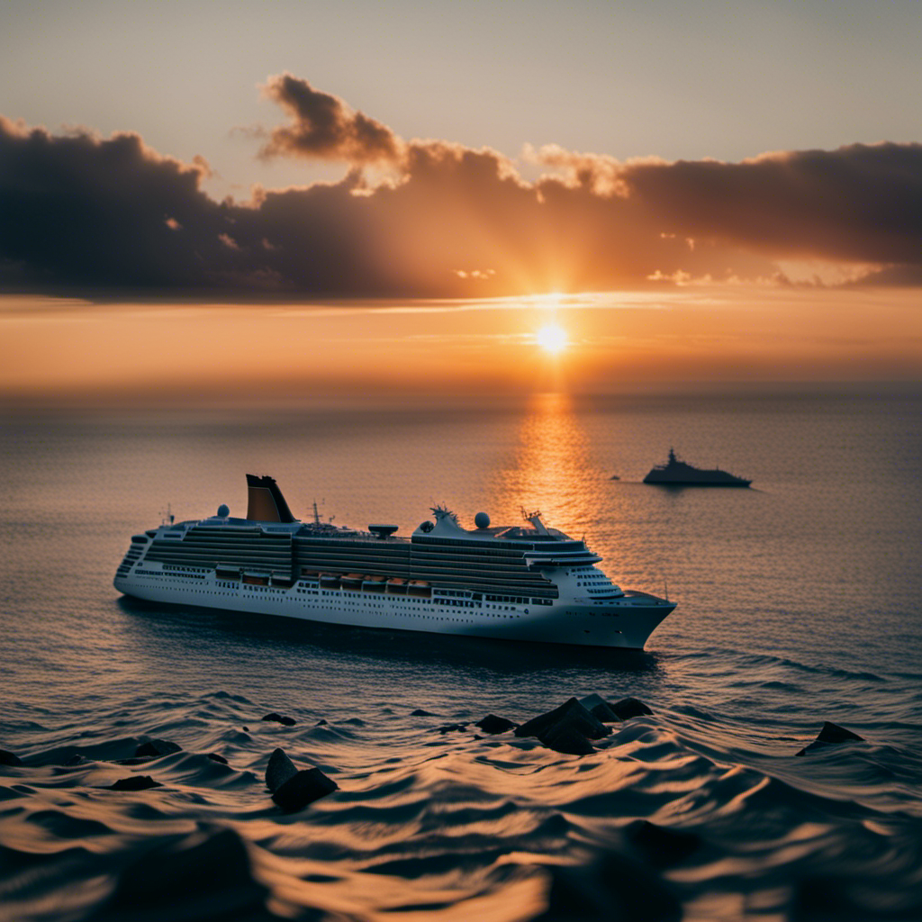 An image showcasing a vast ocean with a sunset backdrop, featuring a collection of sunken cruise ships scattered beneath the surface