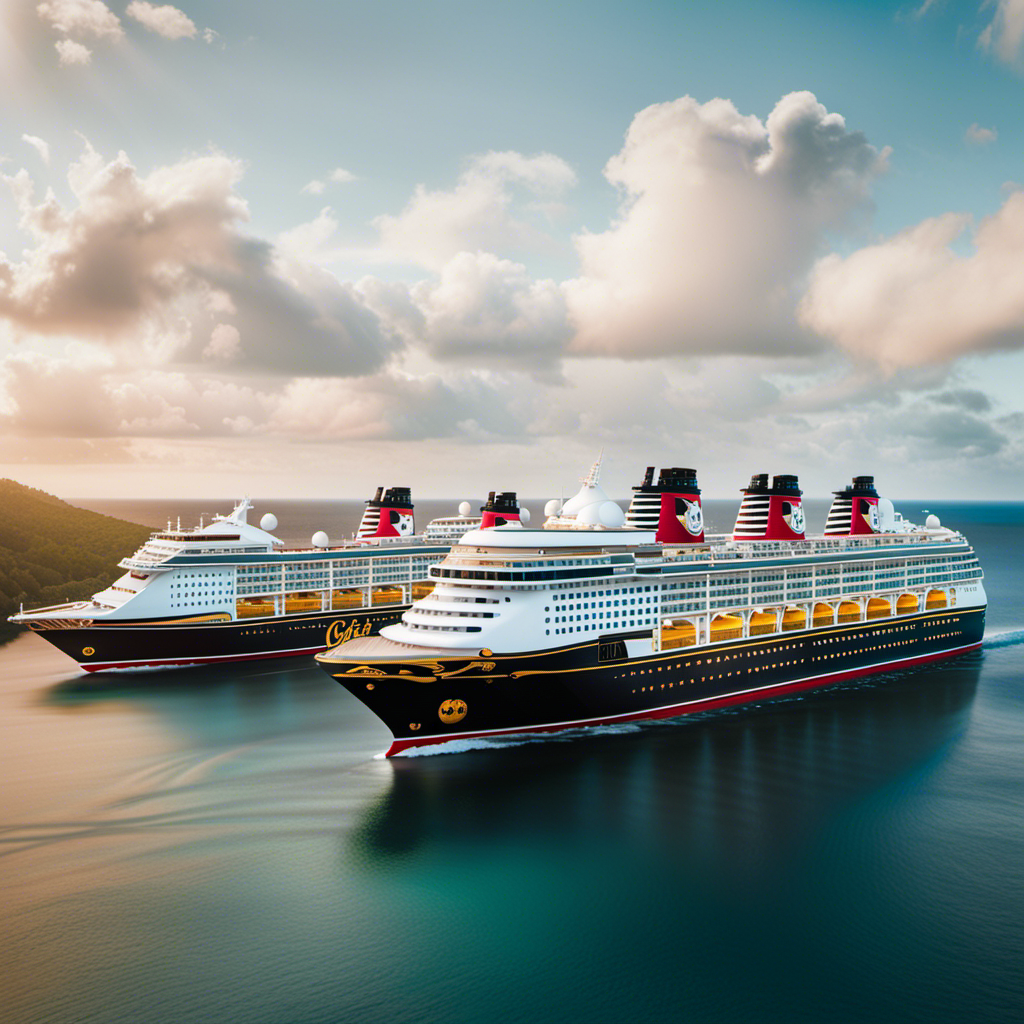 An image showcasing a vibrant seascape with four magnificent Disney cruise ships gracefully sailing in different directions, each adorned with iconic characters and colors, capturing the magical fleet's diversity and enchanting allure