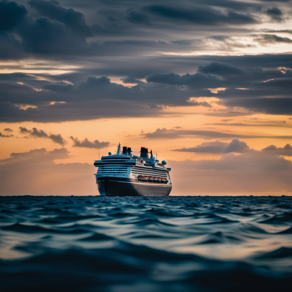 An image featuring a serene ocean surface, with the silhouette of a single Disney cruise ship majestically sailing, surrounded by a hauntingly beautiful underwater landscape that hints at the untold stories of lost ships beneath