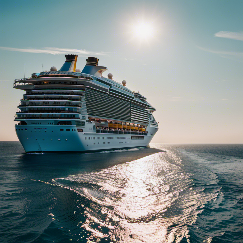 An image showcasing a massive cruise ship engulfed in the vastness of the ocean, emphasizing its colossal size with numerous decks stretching upwards, each adorned with luxurious balconies and vibrant sun loungers