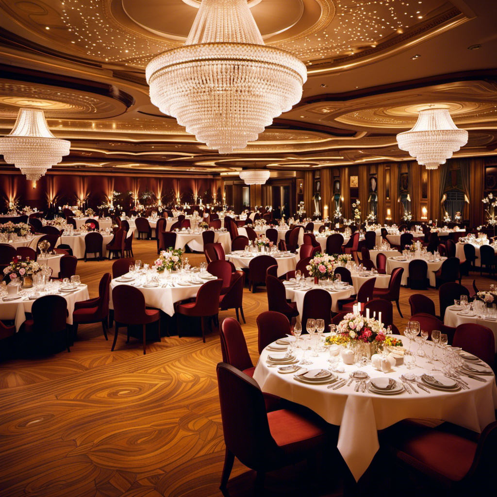 An image showcasing a luxurious cruise ship's elegant dining hall adorned with crystal chandeliers, white tablecloths, and formally dressed guests, illustrating the allure of multiple glamorous formal nights on a 5-day cruise