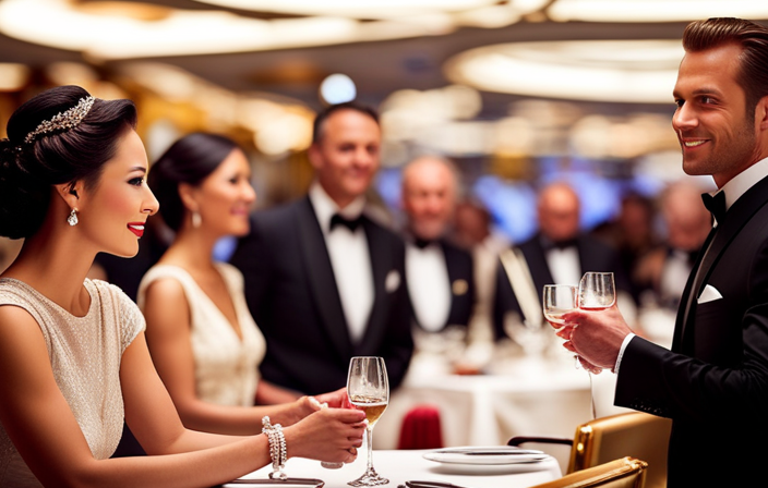 An image showcasing a luxurious cruise ship's elegant dining hall, adorned with crystal chandeliers and exquisitely set tables