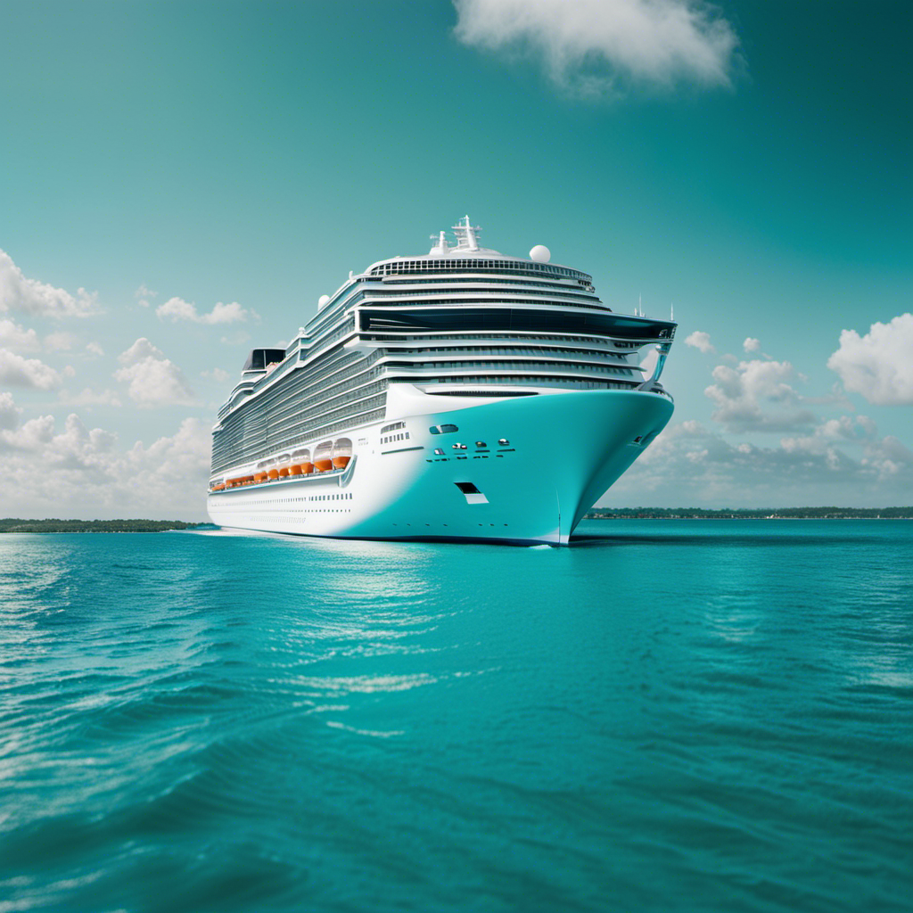 An image showcasing a colossal cruise ship sailing through crystal-clear turquoise waters, emitting minimal exhaust