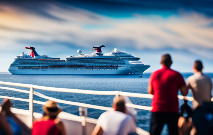 An image capturing the vast expanse of a Carnival cruise ship, showcasing its immense size and capacity as it navigates through sparkling blue waters, teeming with excited passengers enjoying various leisure activities on deck