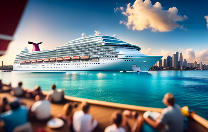 An image showcasing a grand, towering Carnival cruise ship majestically sailing on crystal-clear turquoise waters, adorned with vibrant deck chairs, lively poolside activities, and a bustling promenade filled with countless joyful passengers