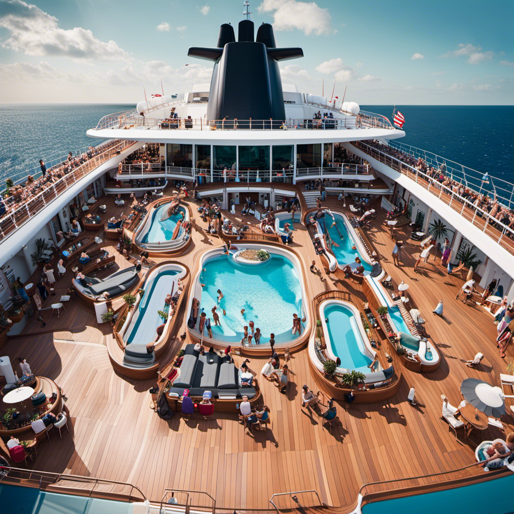 An image showcasing a sprawling deck of a Virgin Cruise Ship, filled with a diverse array of passengers engaged in activities like sunbathing, swimming, dining, and socializing, capturing the vibrant atmosphere of a bustling ship