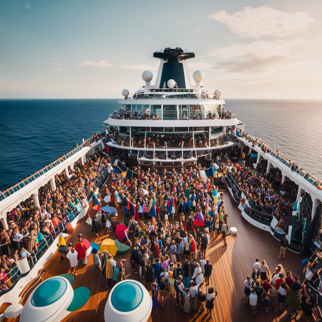 An image that captures the grandeur of a crowded cruise ship deck, bustling with a diverse array of passengers clad in vibrant attire, gazing at the vast expanse of the open sea