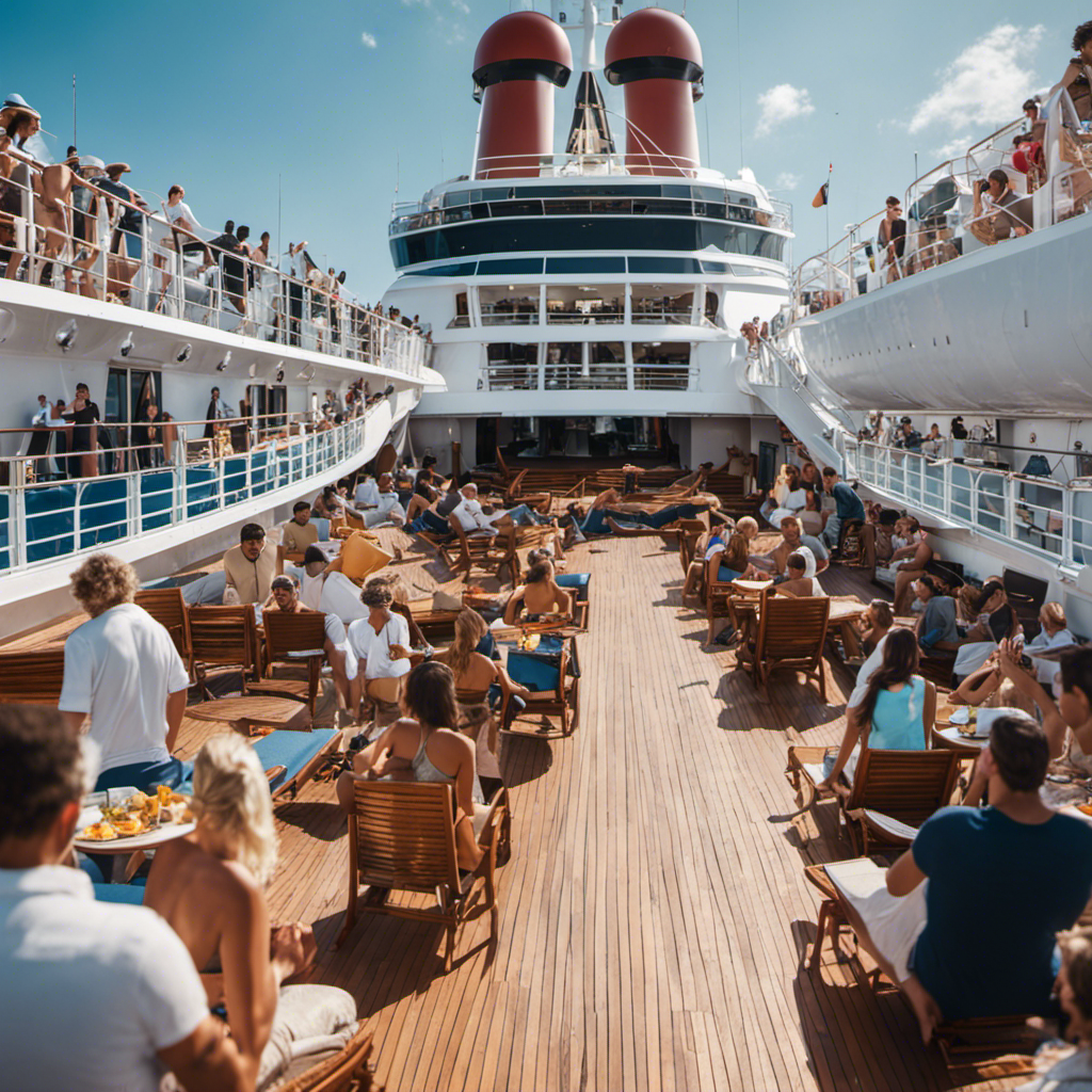 An image showcasing a sprawling cruise ship deck bustling with a diverse array of passengers, engaged in various activities like sunbathing, swimming, dining, and strolling, capturing the vibrant and lively atmosphere onboard