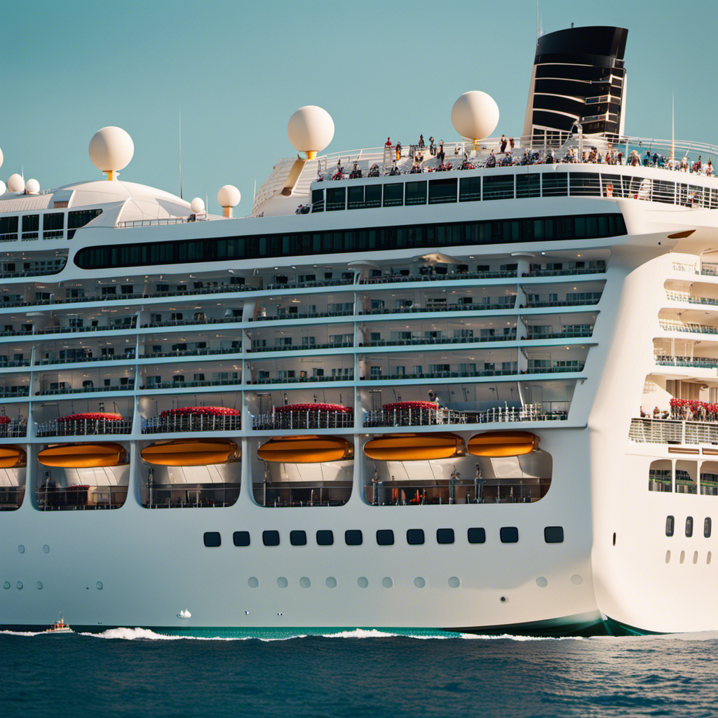 An image showcasing a colossal cruise ship, brimming with a diverse array of individuals leisurely strolling along the sprawling deck, reveling in the vastness of the oceanic vessel