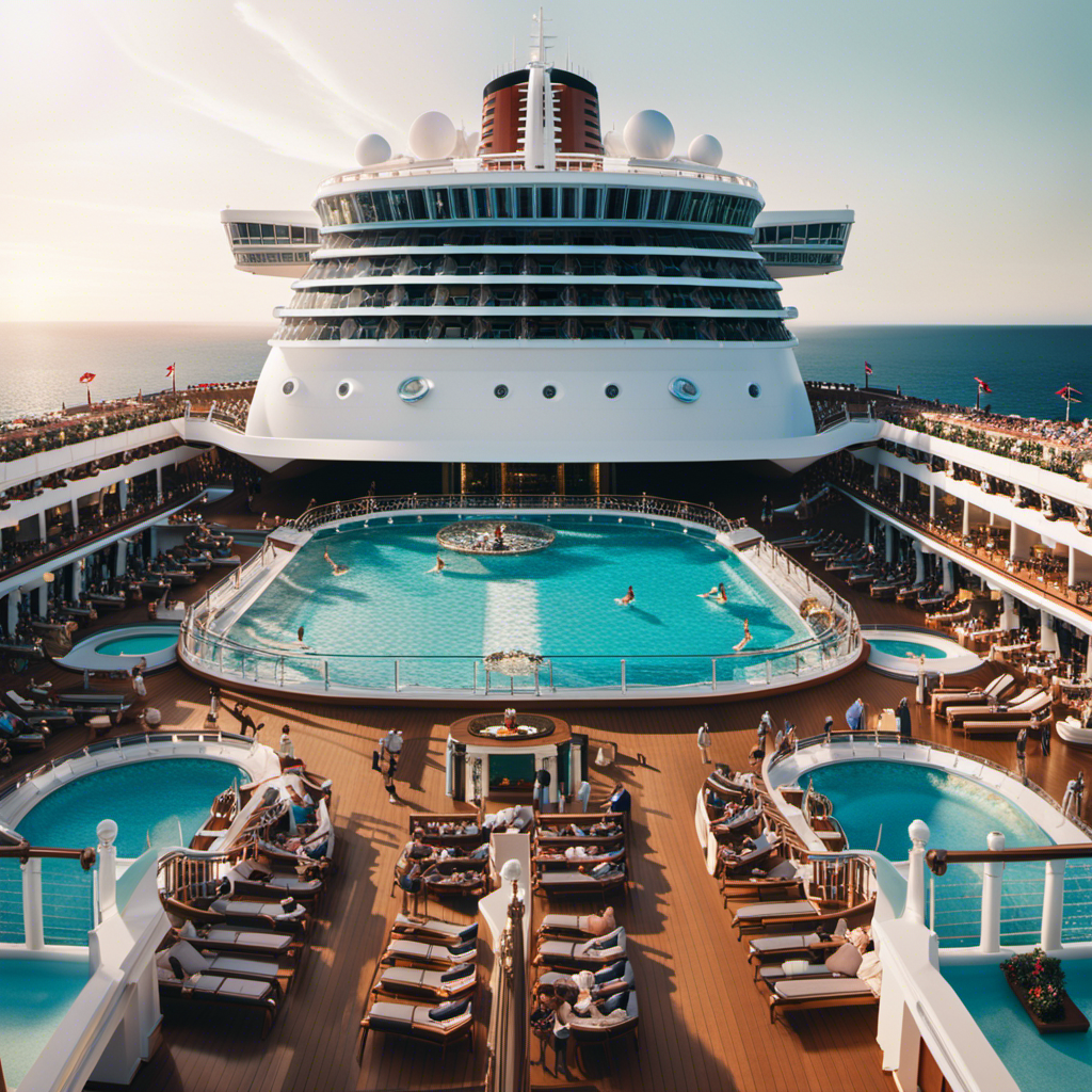 An image showcasing a colossal cruise ship, towering over the ocean, surrounded by numerous decks filled with sun-kissed passengers lounging by sparkling pools, immersing readers in the grandeur of a ship's capacity