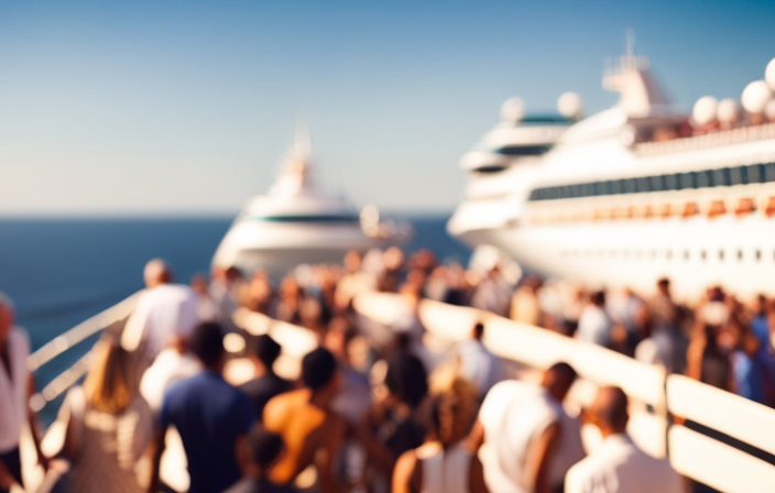 An image capturing the vastness of a cruise ship's main deck, bustling with a multitude of diverse passengers leisurely strolling, sunbathing, dining, and enjoying various recreational activities amidst the backdrop of endless ocean views