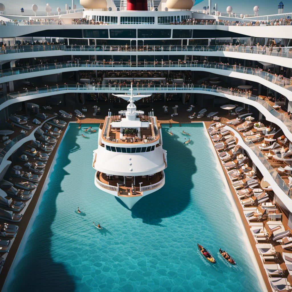 An image showcasing a massive cruise ship, teeming with a multitude of people lounging on sun decks, crowding pools, dining in luxurious restaurants, and exploring various entertainment venues, illustrating the capacity of these floating cities