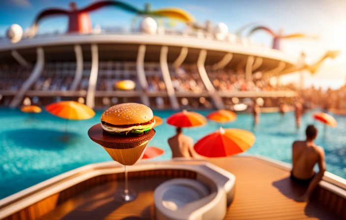 An image capturing the vibrant expanse of a Carnival cruise ship deck, bustling with a diverse crowd of passengers enjoying the sun-soaked pool, indulging in delectable food, and engaging in lively conversations amidst a backdrop of colorful umbrellas and swirling waters