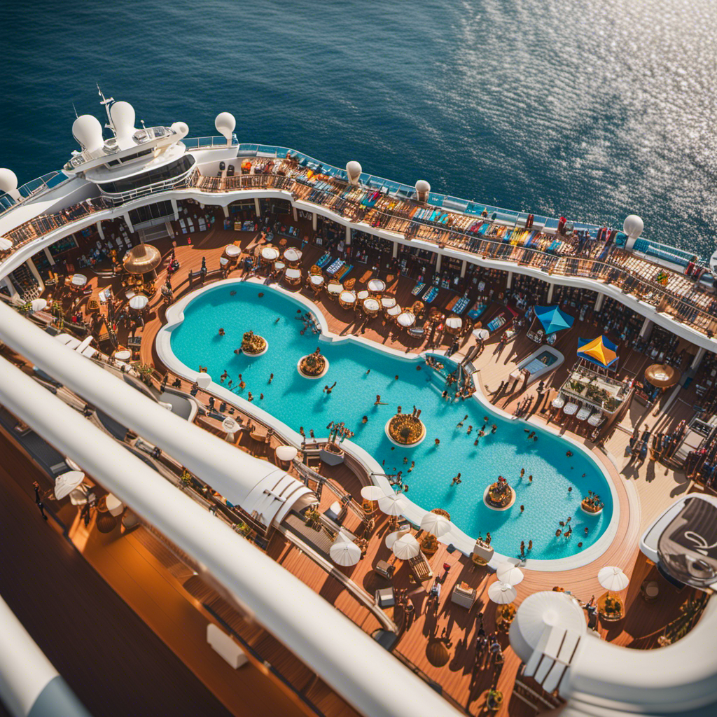 An image capturing the vast expanse of a bustling cruise ship, engulfed by a sea of joyful vacationers savoring sun-kissed decks, crowded pools, vibrant bars, and vibrant social gatherings